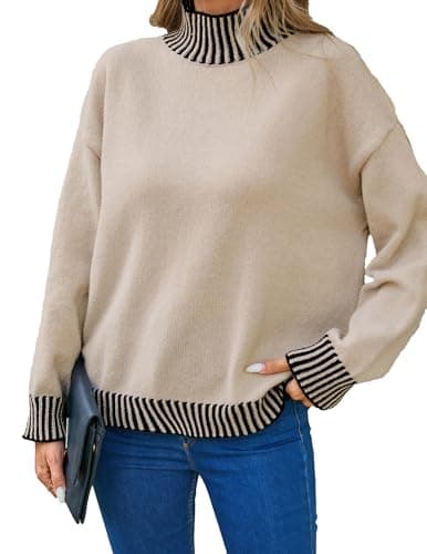 SunnyMelody Womens Oversized Turtle Neck Striped Sweater Fall 2025 Causual Ribbed Knit Long Sleeve Pullover Sweaters Tops Oatmeal S - Image 1