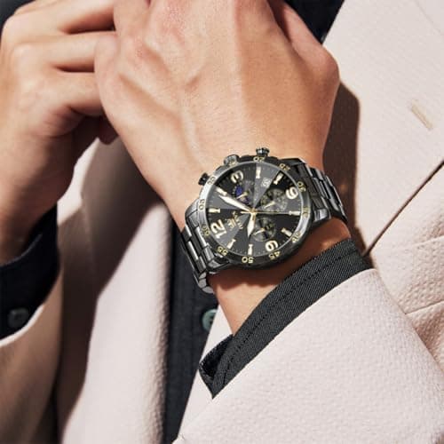 OLEVS Watch Men Black Watches for Men Luxury Fashion Arabic Numerals Chronograph Mens Watches Dress Stainless Steel Waterproof Luminous Large Wrist Watch for Man Date Moon Phase Relojes para Hombres - Thumbnail 2