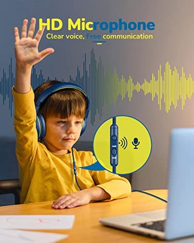 awatrue Kids Headphones for School Travel, 85/94dB Safe Volume Limit, 3.5mm Jack, HD Mic, Portable Wired Headphone with Shareport, Stereo Sound On-Ear Headphones for Toddler Kids Girls Boys Bluegreen - Thumbnail 4