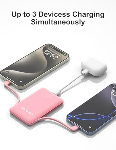 miisso 10000mAh Compatible with iPhone 15/16/17 and Android, Slim Portable Charger with Built in Cable, Power Bank Travel Charger External Battery Pack for Phone, 3 Output USB Type C Cord, Pink - Thumbnail 4