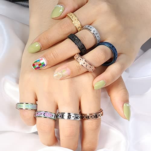 Fidget Toys Anxiety Ring for Women Stainless Steel Spinner Ring Fidget Rings Men Adult Silver Rainbow Black Color Pack Size 9 - Thumbnail 6