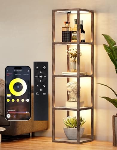 PARTPHONER Floor Lamp Glass Display Shelf with Remote/APP Control, Dimmable LED Floor Lamp with Shelves, Open Display Cabinet, Color Temp Control (2700K-6000K), Oak Gray - Image 1