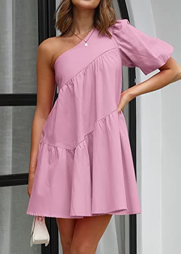 KIRUNDO Summer One Shoulder Mini Baby Doll Dresses Women 2026 Casual Puff Sleeve Loose Tiered A Line Flowy Short Dress(Pink, Small) - Thumbnail 3