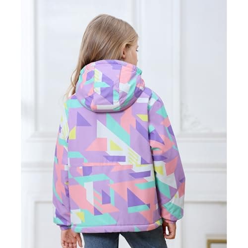 Girls' Waterproof Winter Ski Jacket – Warm Fleece Lined Windproof Snow Coat with Hood for Outdoor Adventure Cube Purple 11-12 - Thumbnail 3