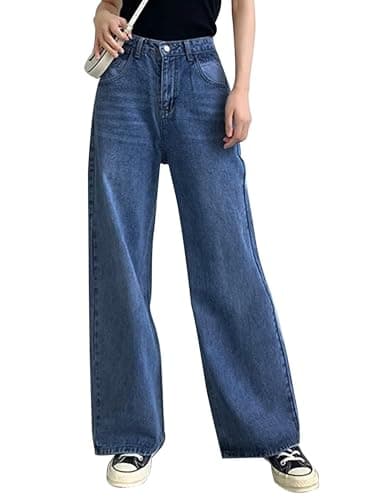 HDLTE Baggy Stretchy Jeans for Women High Waisted Trendy Wide Leg Jeans Boyfriend Denim Pants with Patch Pockets(Dark Blue,X-Large) - Image 1