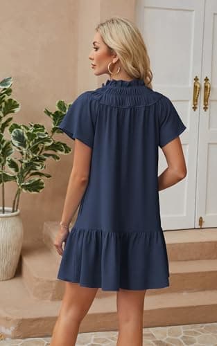 Angashion Womens Summer Mini Dress Short Sleeves V Neck Dresses Ruffle Casual Tie Sundress with Pockets Navy Blue Large - Thumbnail 3