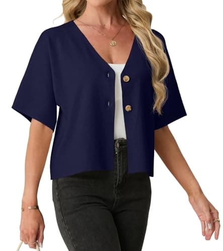 GRECERELLE Women's Summer Lightweight Short Sleeve Cardigans V Neck Casual Knit Button Down Sweater for Work or Vacation, Navy Blue, L - Thumbnail 5
