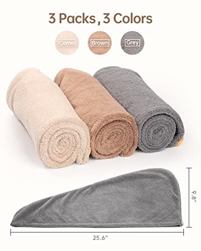 YFONG 3 Pack Hair Drying Towels, Hair Towel with Button, Super Absorbent Microfiber Hair Towel for Curly Hair, Fast Drying Hair Wraps for Women Girls, Microfiber Towel for Hair - Thumbnail 5