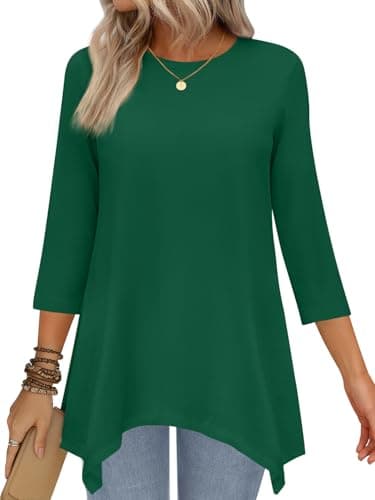 JUSTFASHIONNOW Women's Basic Green Tops 3/4 Sleeve Dressy Casual Plus Size Tunic Tops to Wear with Leggings Maternity Shirts Loose Fit Blouses(Darkgreen,3X-Large - Image 1