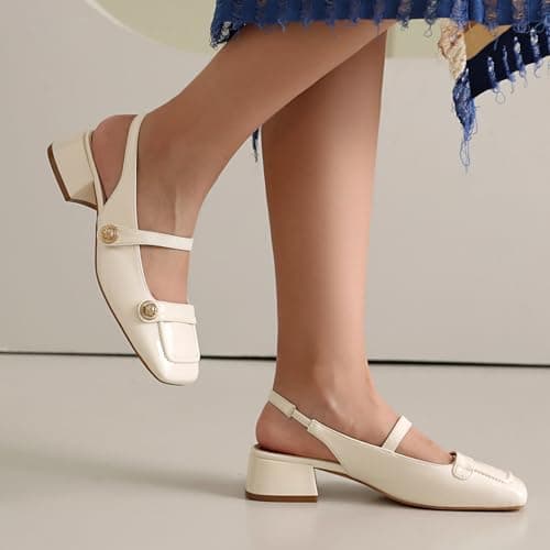 White Slingback Mary Jane Heels for Women Low Block Heel Closed Square Toe Pump Shoes Heels Classic Daily Office Dressy Shoes White Size 10 - Thumbnail 3