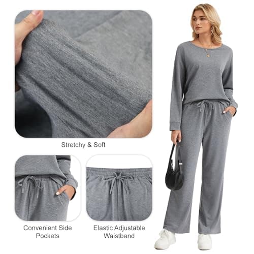 MAGICATELIER Women 2 Piece Matching Lounge Sets Long Sleeve Top Wide Leg Pants Pockets Travel Sweatsuit Casual Tracksuit - Thumbnail 3