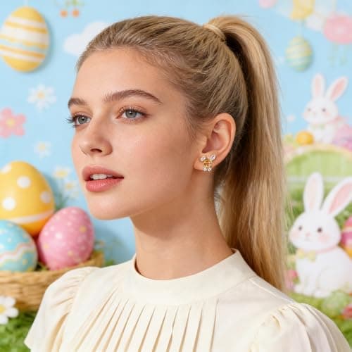 FILMOON 2 Pairs Easter Bunny Carrot Earring Set Cute Dainty Gold Plated Studs Lightweight Easter Rhinestone Jewelry - Thumbnail 4