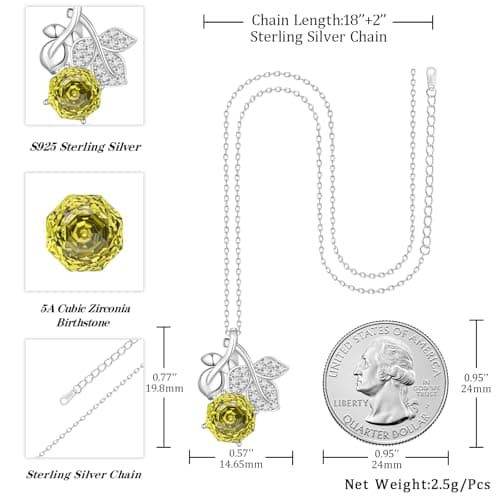 Aurora Tears Birthstone Rose Pendant Necklace - 925 Sterling Silver August Peridot Rose Cut Cubic Zirconia Flower Leaf Necklace Anniversary Birthday Jewelry Gift for Women Wife Mom Daughter DP0389A - Thumbnail 4