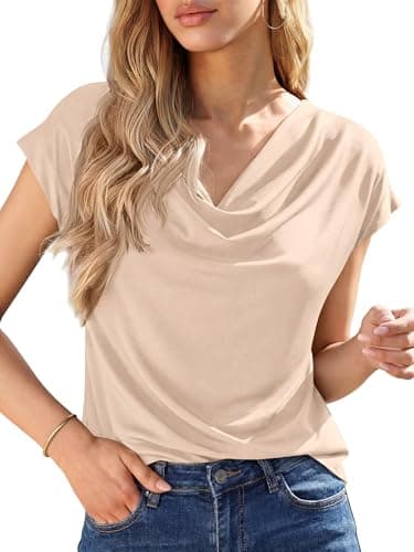 BTFBM Cowl Neck Tops for Women 2026 Spring Womens Tops Dressy Casual Business Blouses Short Sleeve Shirts Summer Outfits(Apricot, XX-Large) - Image 1