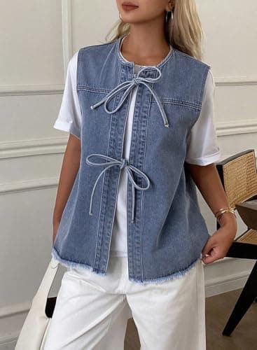 Astylish Womens Dressy Casual Bow Tie Denim Vest Shirts Distressed Sleeveless Henley Neck Park Work Blouse Casual 2026 Summer Spring Shirts Tops Light Blue X-Large - Thumbnail 4