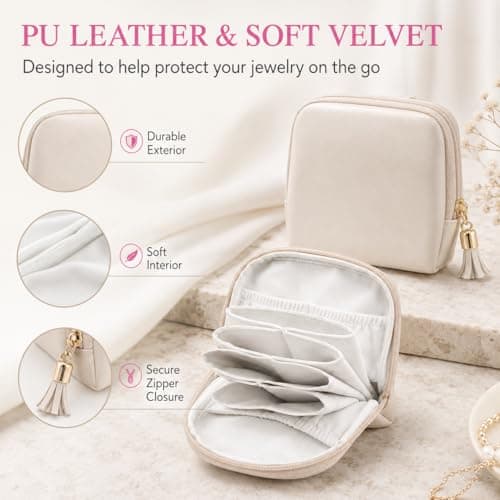 A Lots MiLi 2 Pcs Travel Jewelry Case for Women - Small Jewelry Organizer Box with Velvet Lining, Portable PU Leather Jewelry Storage Case for Necklaces Earrings Rings Bracelets, Cream White - Thumbnail 3