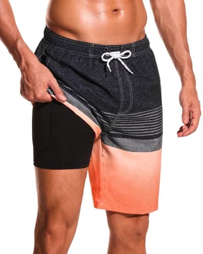 SILKWORLD Mens Swim Trunks 9 Inch Inseam Board Shorts Beach Swimwear Bathing Suit with Compression Lined and Pockets, Black+Orange, Medium - Image 1