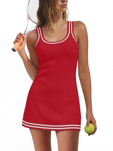 Dokuritu Workout Dress for Women Sleeveless Striped Knitted Sweater Golf Dress Tank Mini Active Club Workout Athletic Dress Red - Image 1