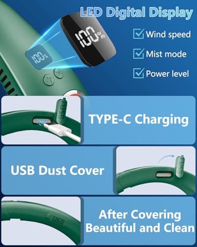 Personal Fans for Your Neck,Folding Neck Fan with Mist Spray Rechargeable Usb-C 5 Speeds,Light Weight Neckband Cooling Water Misting Fans that Blow Cold Air,Cordless Compact Fan for Adults Kids Labor - Thumbnail 5