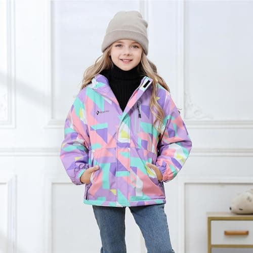 Girls' Waterproof Winter Ski Jacket – Warm Fleece Lined Windproof Snow Coat with Hood for Outdoor Adventure Cube Purple 11-12 - Thumbnail 4