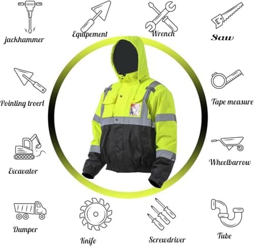 sesafety Reflective Jacket for Men, High Visibility Jackets, Safety Jackets for Men, Hi Vis Construction Bomber Jackets Waterproof with Pockets and Zipper, Black Bottom, Class 3 - Thumbnail 6
