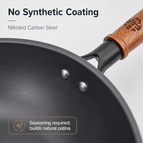 WANGYUANJI Carbon Steel Wok Pan - 10 Inch Nitrided Rust Resistant Stir Fry Pan, Flat Bottom Deep Iron Skillet with Lid, Lightweight Induction Cookware for 1-2 People, No Chemical Coating (26cm) - Thumbnail 5