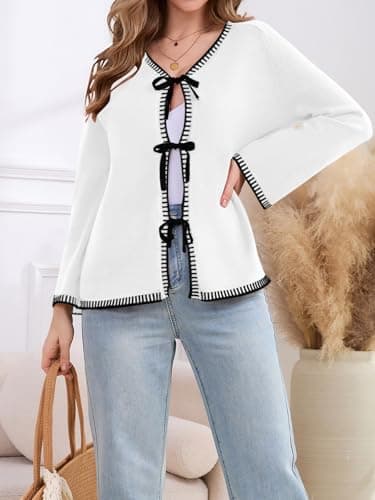 JUYUEO Tie Front Bow Cardigan for Women Trendy Long Sleeve Knit Open Front Sweater Casual Fall Winter Clothes 2026 White XL - Thumbnail 3