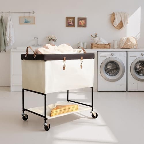 StorageWorks Laundry Cart, 2 Tier Rolling Laundry Basket, Heavy Duty Laundry Basket with Lockable Wheels, Laundry Room Organization and Storage, Clothes Hamper for Bedroom, Dorm, Closet, 46Gal, Beige - Thumbnail 2