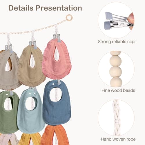 MOFASVIGI Headband Holder Baby Bibs Holder, Pacifier Clip Organizer Cotton Neutral Bandana Burp Cloths Storage Hanging Wall Decor for Newborn Girls and Boys Room - Thumbnail 5