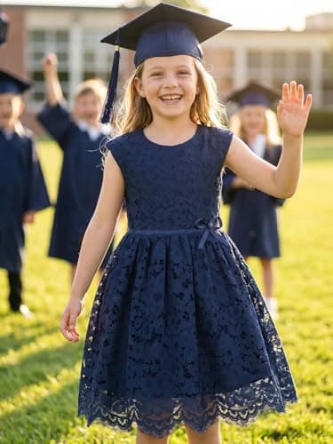 ALLOVIN Girls & Toddlers Sleeveless A-Line Lace Party Dress Birthday Wedding & Flower Girl Dress with Beaded Bowknot | Navy Blue | 3-4T - Thumbnail 5