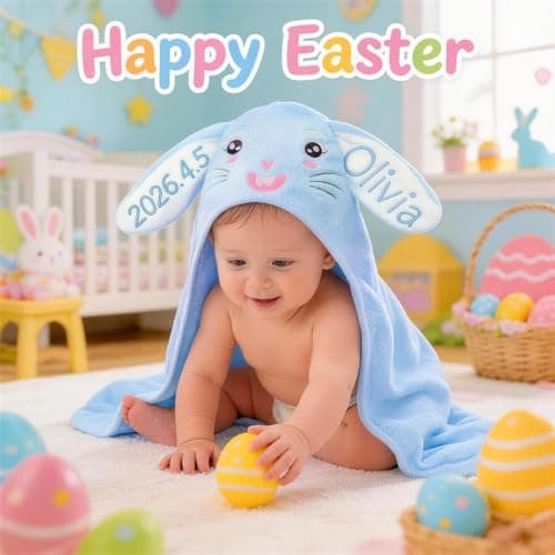 Individz Custom Hooded Bath Towel with Name, Personalized Absorbent Bunny Baby Towels, Soft Shower Towels for Girls Boys, Easter Christmas Brithday Gifts for Baby, Toddler, Newborn, Kids (Blue) - Thumbnail 2