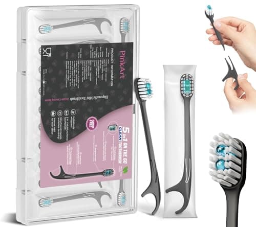 Pinkart 5-in-1 Travel Toothbrush | Disposable toothbrushes with Toothpaste | Floss/Toothpick/Tongue Scraper | Individually Wrapped Disposable toothbrushes | 5.3" Extended Handle (12 Count)