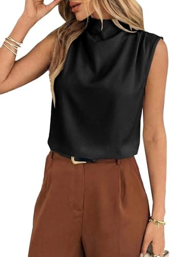 BLENCOT Women Tank Tops Mock Neck Pleated Summer Camisole Sleeveless Casual Blouses Dressy Loose Fit Going Out Business Fashion Cami Work Shirts Small Black - Image 1