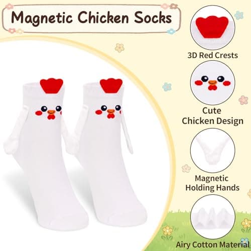 FunisFun Chicken Socks with Magnetic Holding Hands Funny Animal Crazy Socks for Women Ideal Gifts for Girls Teens (US, Alpha, One Size, Regular, Regular, White&Red) - Thumbnail 4