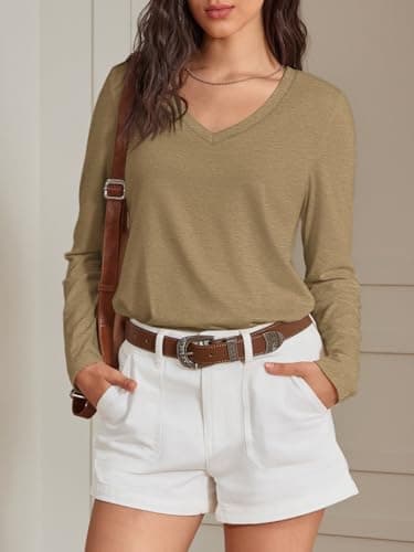 ATHMILE Womens 2026 Fall Long Sleeve Shirts Basic Apparel Shirts Trendy V Neck Tshirt for Women Plus Size Curved Hem Tops - Thumbnail 3