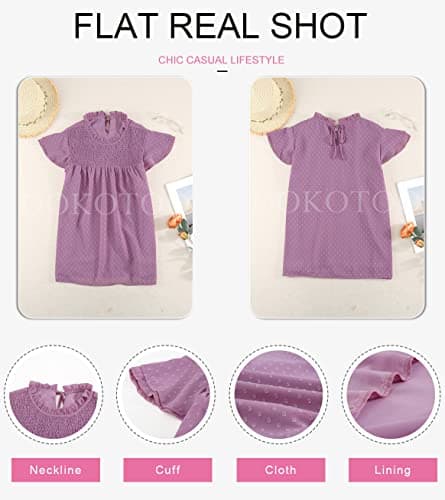 Dokotoo Women's Ladies Sexy Lace Crewneck Ruffle Short Sleeve Smocked Shirts for Women Casual Loose Cute Swiss Dot Pom Pom Chiffon Blouses Tops Small Purple - Thumbnail 4