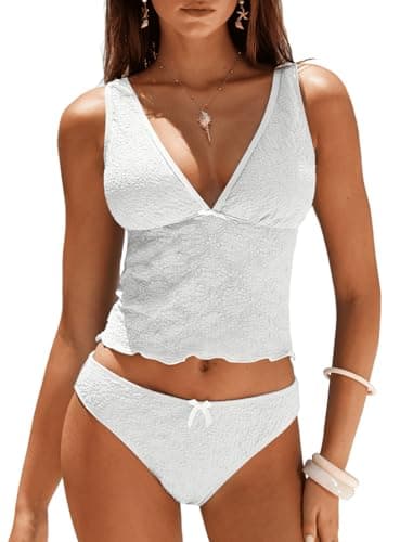 ZAFUL Cute Tankini Swimsuits for Women High Cut Lace Bathing Suit Tummy Control Two Piece Swimsuit 2026 White - Image 1
