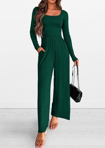 KIRUNDO Long Sleeve Jumpsuit for Women 2026 Spring Outfits Summer One Piece Square Neck Wide Leg Pants Romper With Pockets(Dark Green, Large) - Thumbnail 6