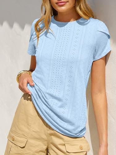 ANRABESS Womens Tops Summer Eyelet Petal Short Sleeve T Shirts Dressy Casual Blouses Ladies Basic Tees 2026 Spring Clothes Sky Blue X-Large - Thumbnail 2