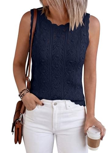 BTFBM Crochet Tank Tops for Women Hollow Out Sleeveless Loose Sweater Vest Top Summer Spring 2026 Beach Vacation Clothes(Navy Blue, Large) - Thumbnail 4