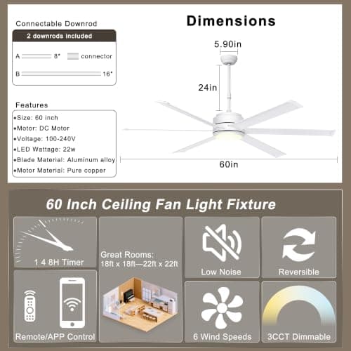 Ohniyou 60" Industrial Ceiling Fan with Lights - Remote & APP Control, Dimmable, DC Motor, Indoor Outdoor Fan for Patio Living Room, White - Thumbnail 6