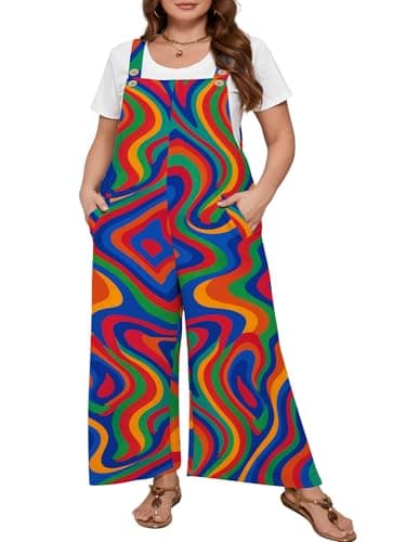 AusLook Plus Size Women's Adjustable Straps Jumpsuits Psychedelic Color Flow 2X Casual Loose Wide Leg Overalls with Pockets - Image 1