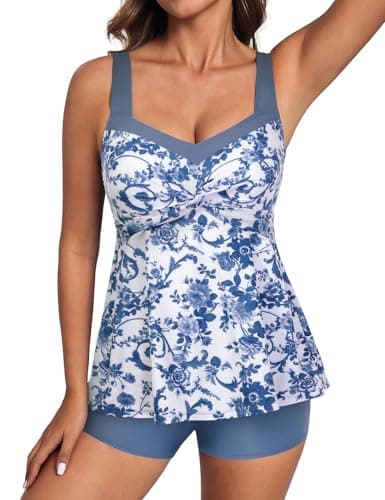 Hanna Nikole Women Tankini with Shorts, Adjustable Back Straps Swimsuits, Tankini Tops with Shorts White Base Blue Floral S