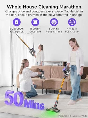 MONSGA Cordless Vacuum Cleaner, 45KPa 400W Stick Vacuum for Home, 50Mins Anti-Tangled Vacuum Cleaner with Charging Dock, Light-weighted Handheld Vacuum for Pet Hair/Carpet/Floor, LED Touch Display,MV3 - Thumbnail 3