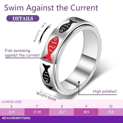 Fidget Spinner Ring for Adults - Swim Against the Current Fish Anxiety Rings for Women, Motivational Fidgets Jewelry for Stress Relief, Stainless Steel Spinning Rings with Inspirational Design Silver Size 9 Ring - Thumbnail 4