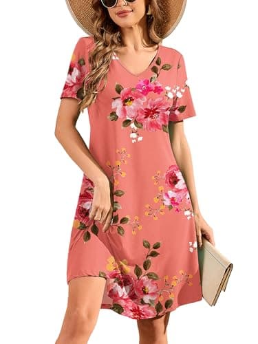 DEARCASE Women's Short Sleeve Casual Sweater Tunic Dress V-Neck Loose Boho Knee Length Fall Summer Petite Stretch A-Line Wedding Guest Flowy Swing Tshirt Dresses Honey Powder Flower Small - Image 1