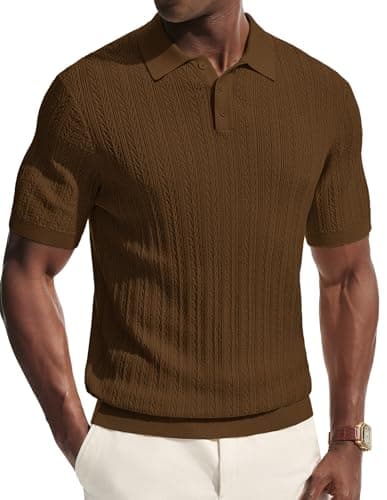 PJ PAUL JONES Mens Short Sleeve Knit Polo Shirts Casual Textured Polo Golf Shirts Summer Beach Shirt Brown S - Image 1