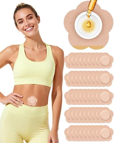 HOTRYEE 54PCS Castor Oil Patches for Belly Button, Castor Oil Pack Wrap Disposable Self-Adhesive, Organic Cotton, Leak-Proof & Breathable, No Wash - Petal-Shaped, Beige