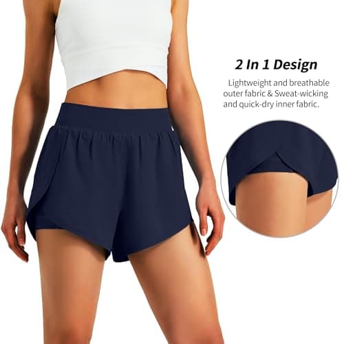 Ksmien Womens 3" Athletic Running Shorts - 2 in 1 Quick Dry Split Workout Gym Shorts with Liner Phone Pockets Navy Blue - Thumbnail 4