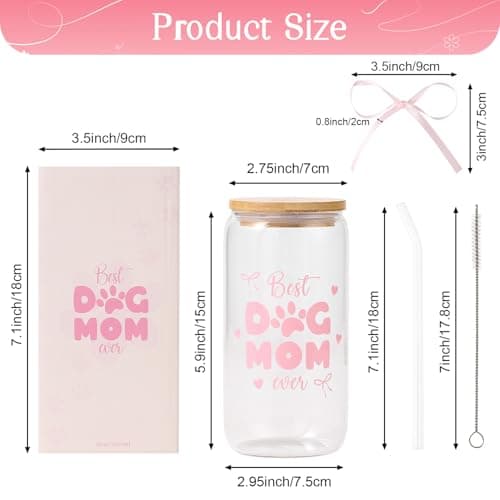 LANGASQUE Dog Mom Gift for Women, 16oz Glass Cup with Lids Straws Pink Bow Gift Box, Christmas Dog Lover Gifts, Dog Mom Gift for Birthday Mothers Day - Thumbnail 2